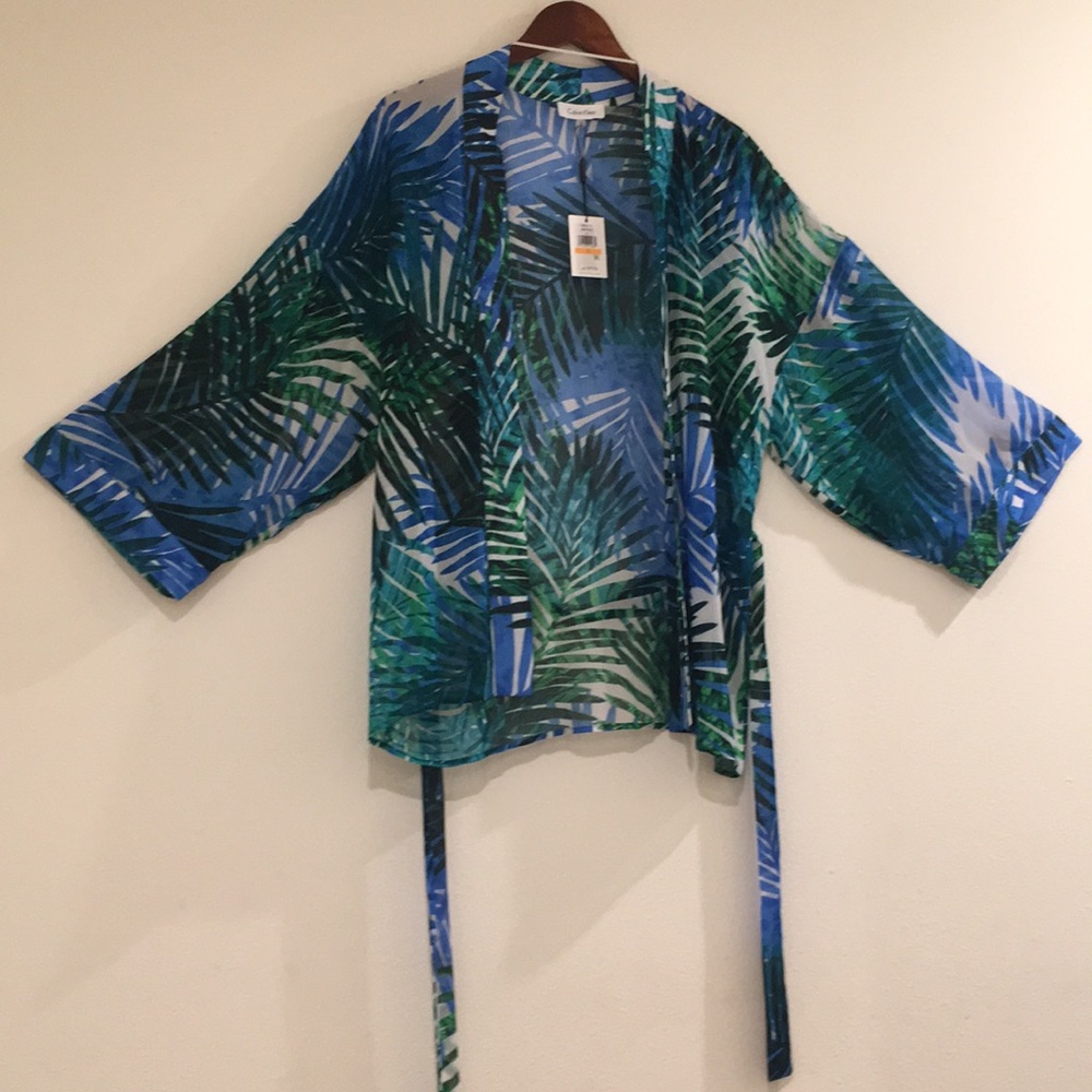 NWT Calvin Klein Blue/Green Tropical Leave Printed Swim Cover Up
